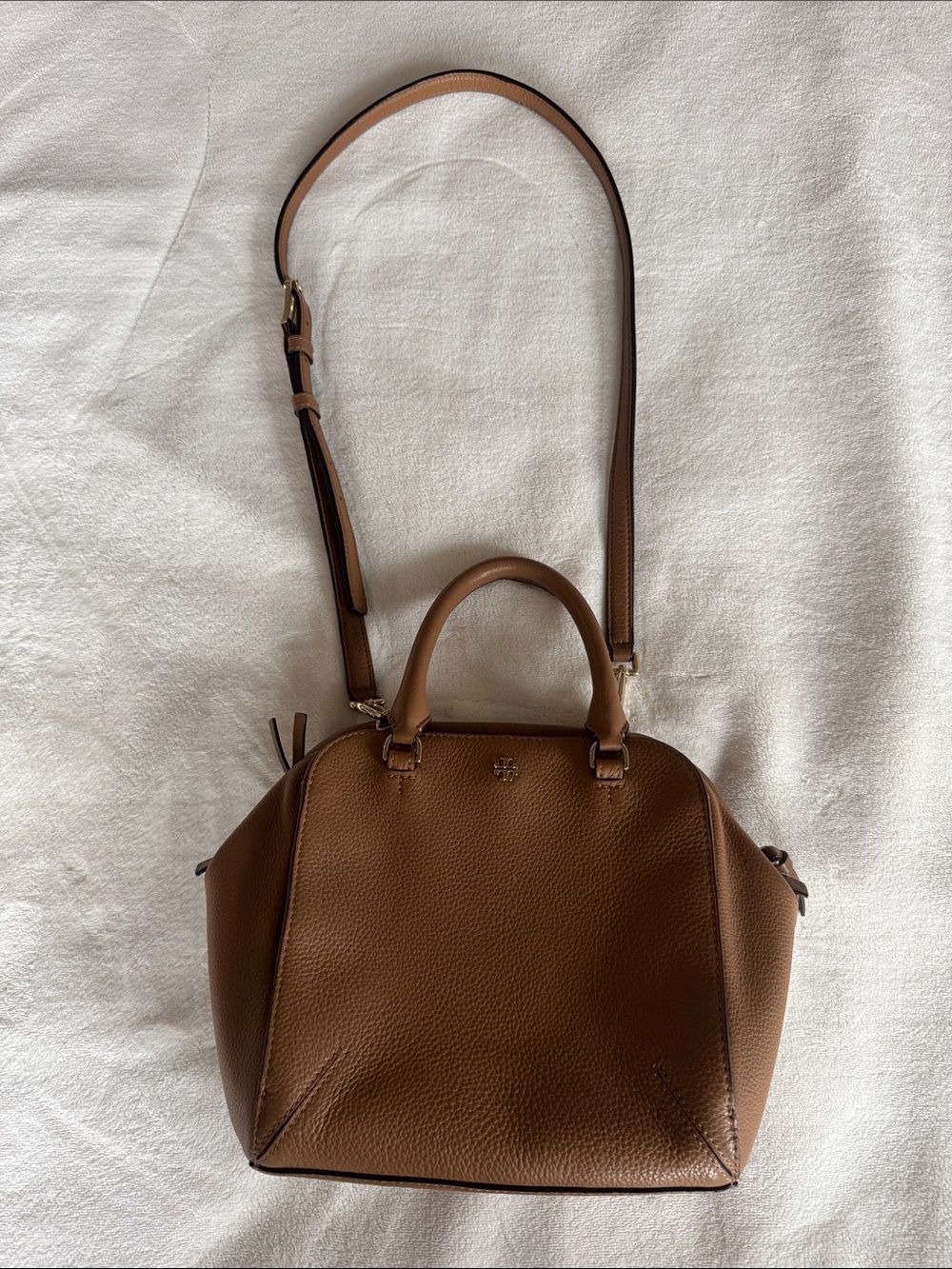 EUS Tory Burch Brown Pebbled Leather Satchel with Detachable Strap